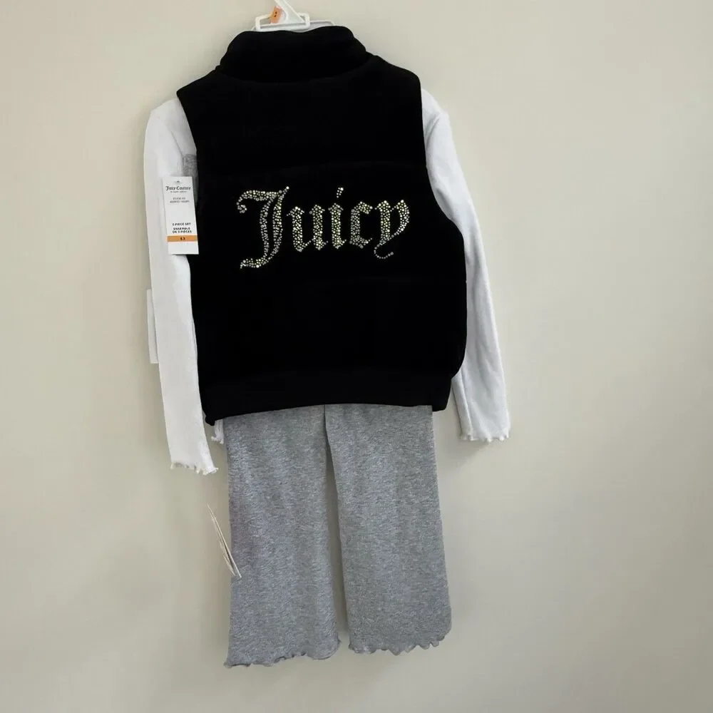 Juicy Couture 3 Piece Long Sleeve Shirt Vest & Pants Set Bling Logo NWT Girls 6X